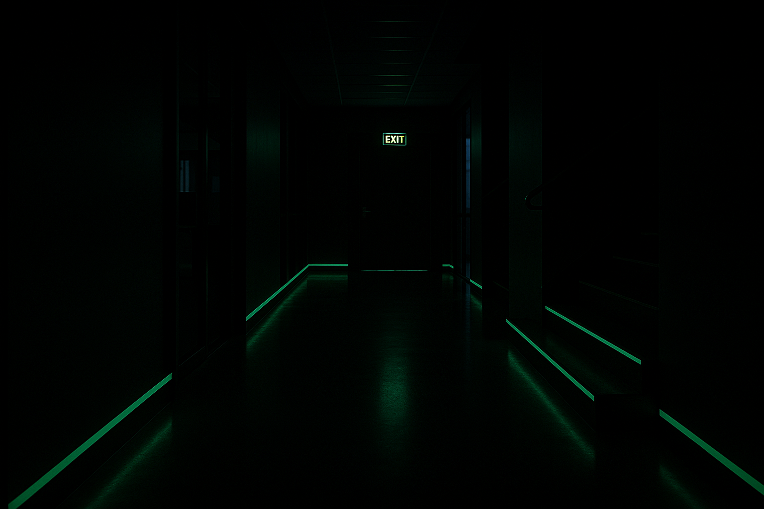 Luminous tape glowing in a hallway