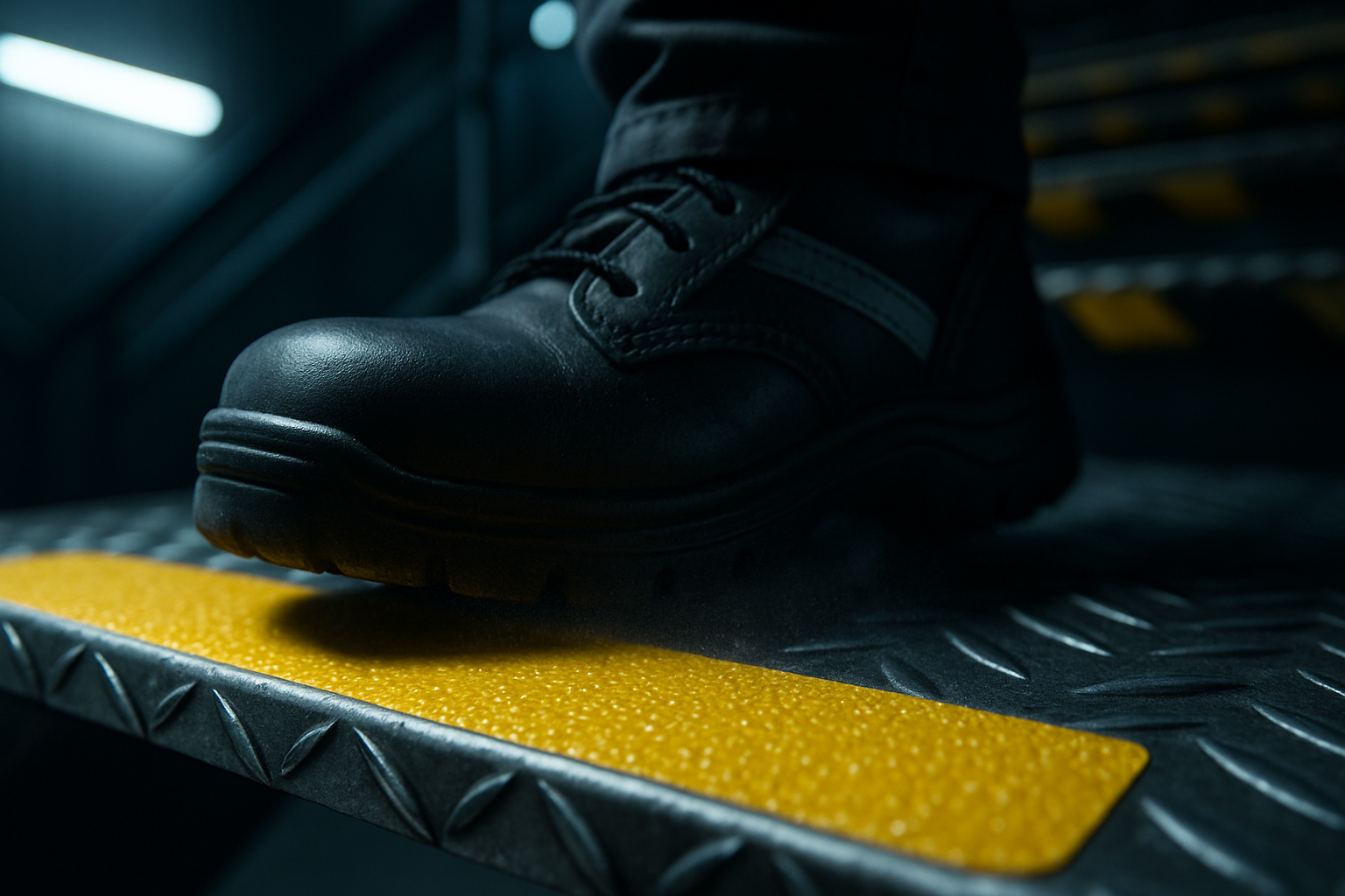 Worker stepping on anti-slip tape