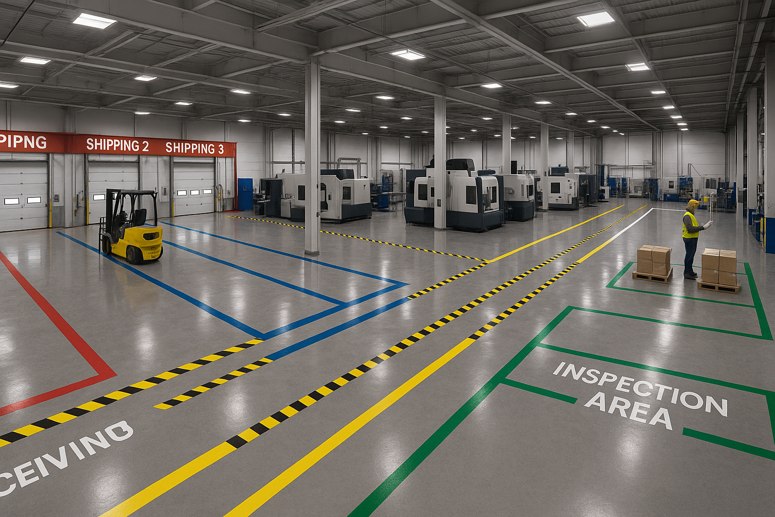 Forklift driving over industrial floor tape
